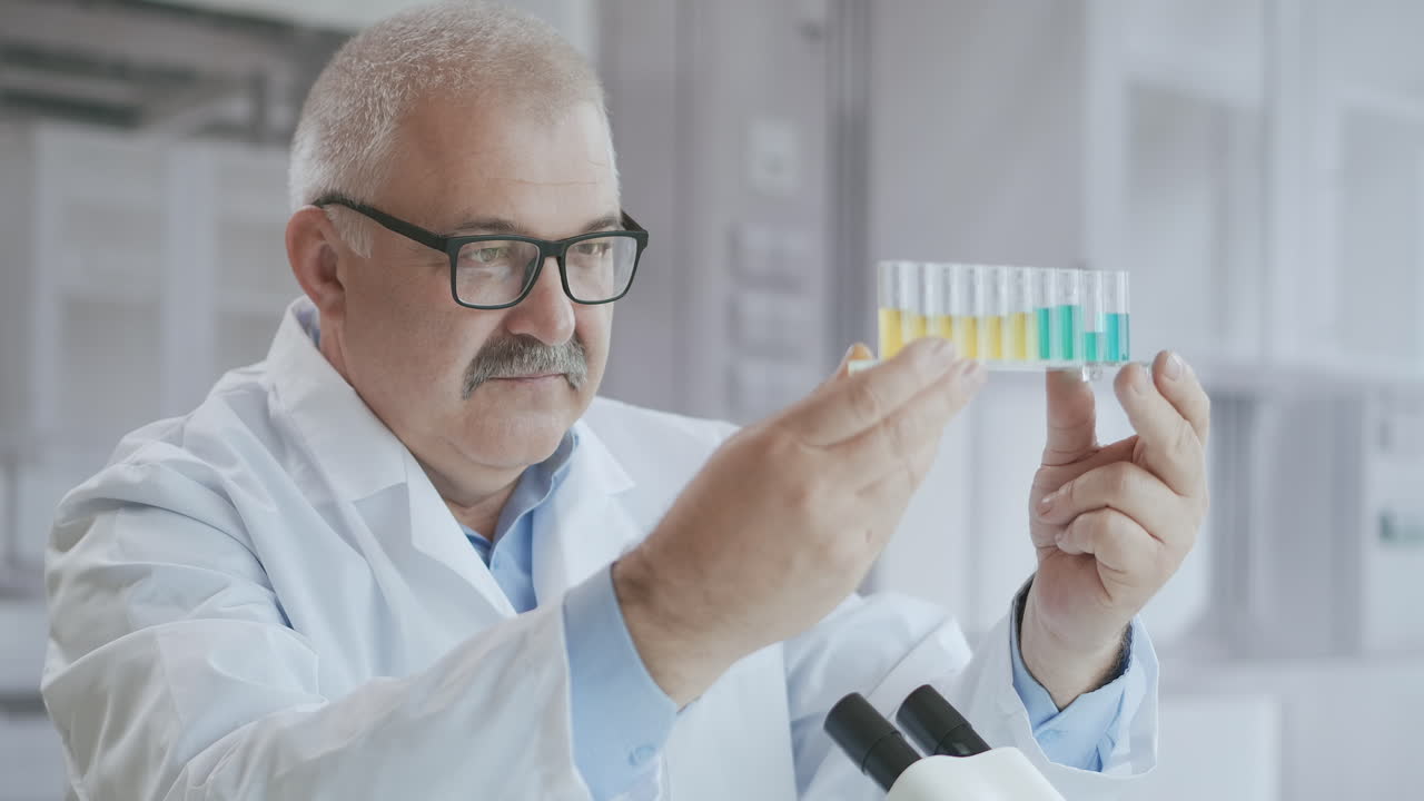 Scientists test for Covid-19 or Corona virus By using science tubes to research and treat illness in a lab or hospital. Medical treatment concepts. High quality 4k footage
