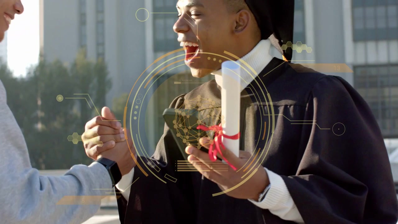 Graduate and friend starting bump on plaza clasping hugging checking phone holding diploma for grad