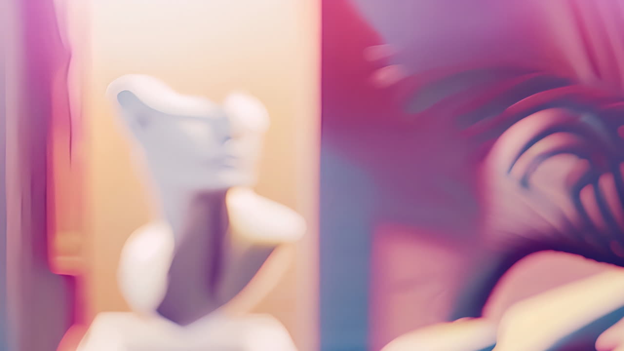 Abstract shapes and colors animation over blurred sculpture and plant background