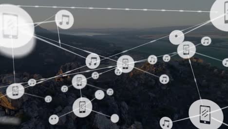 animation of network of connections with icons over landscape