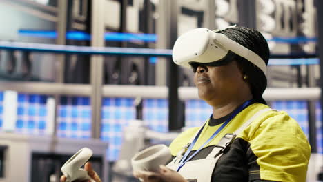 vertical video engineer working in industry 4.0 plant using virtual reality technology