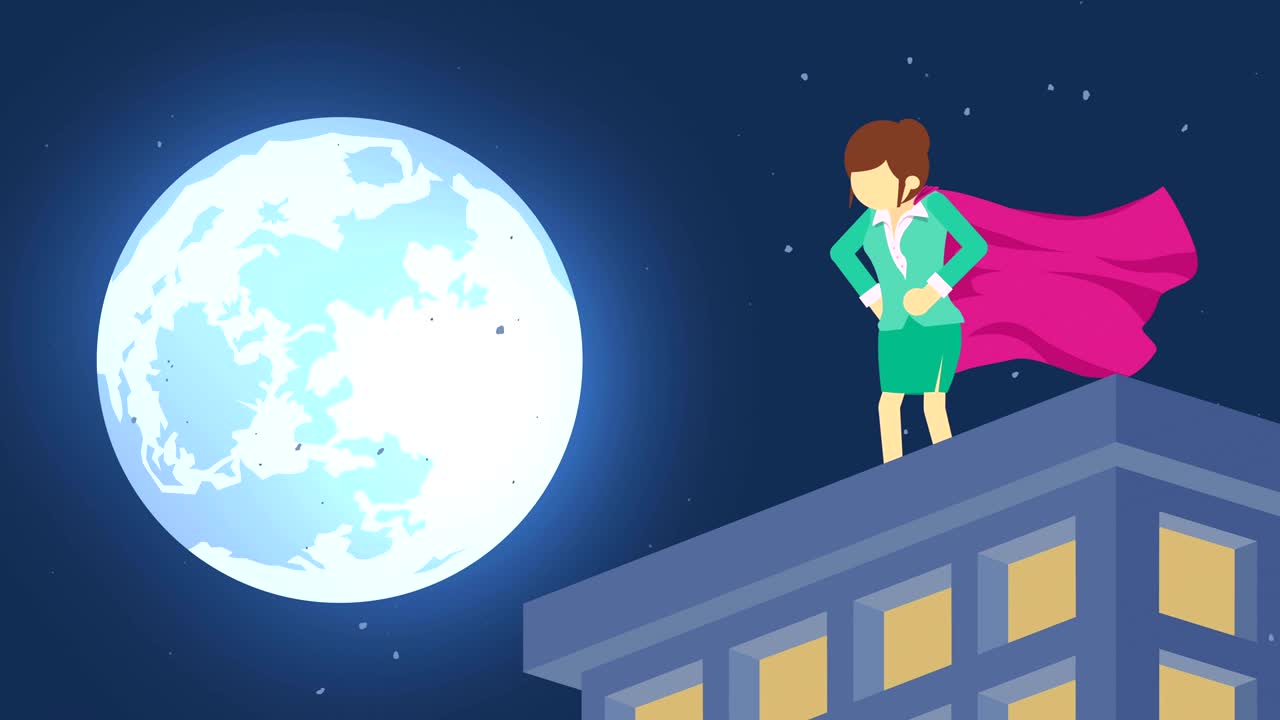 супергерой в городе лунного света. стоящий над небоскребом. символ бизнес-женщины. лидерство и концепция вызова. комическая циклная анимация.