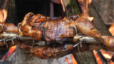 roasted lamb on a spit over an open fire