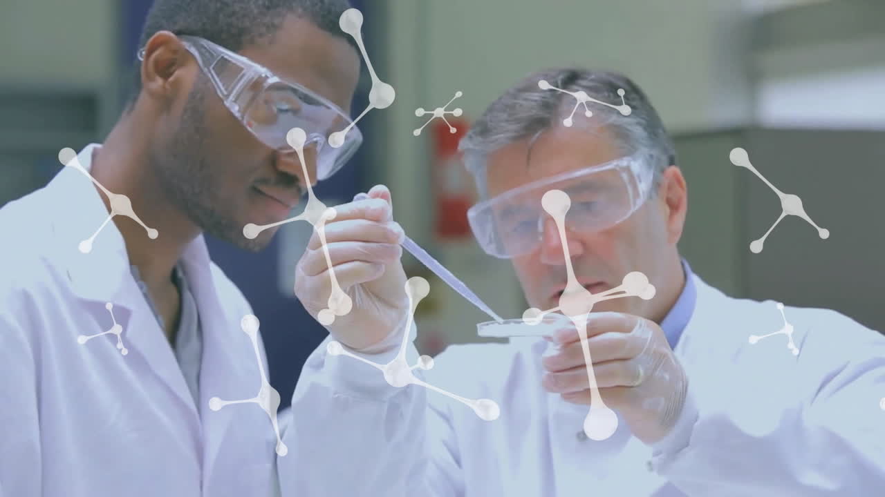 실험실에서 일하는 다양한 과학자들에 대한 분자의 애니메이션