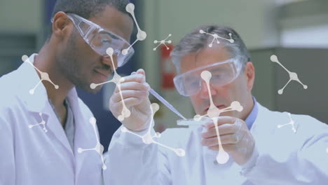 animación de moléculas sobre diversos científicos que trabajan en el laboratorio