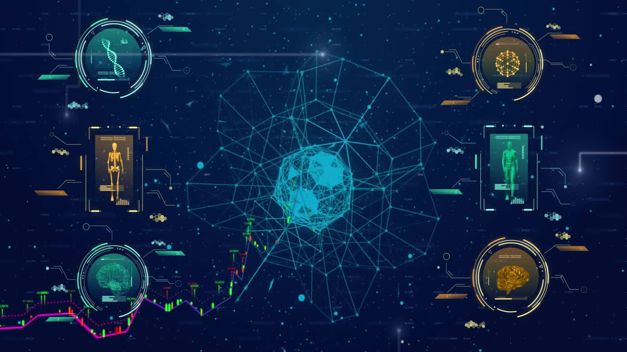 Animation of data processing with icons over globe on black background