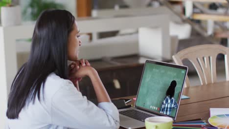 Estudiante-Caucásica-Usando-Una-Computadora-Portátil-En-Una-Videollamada-Con-Una-Maestra