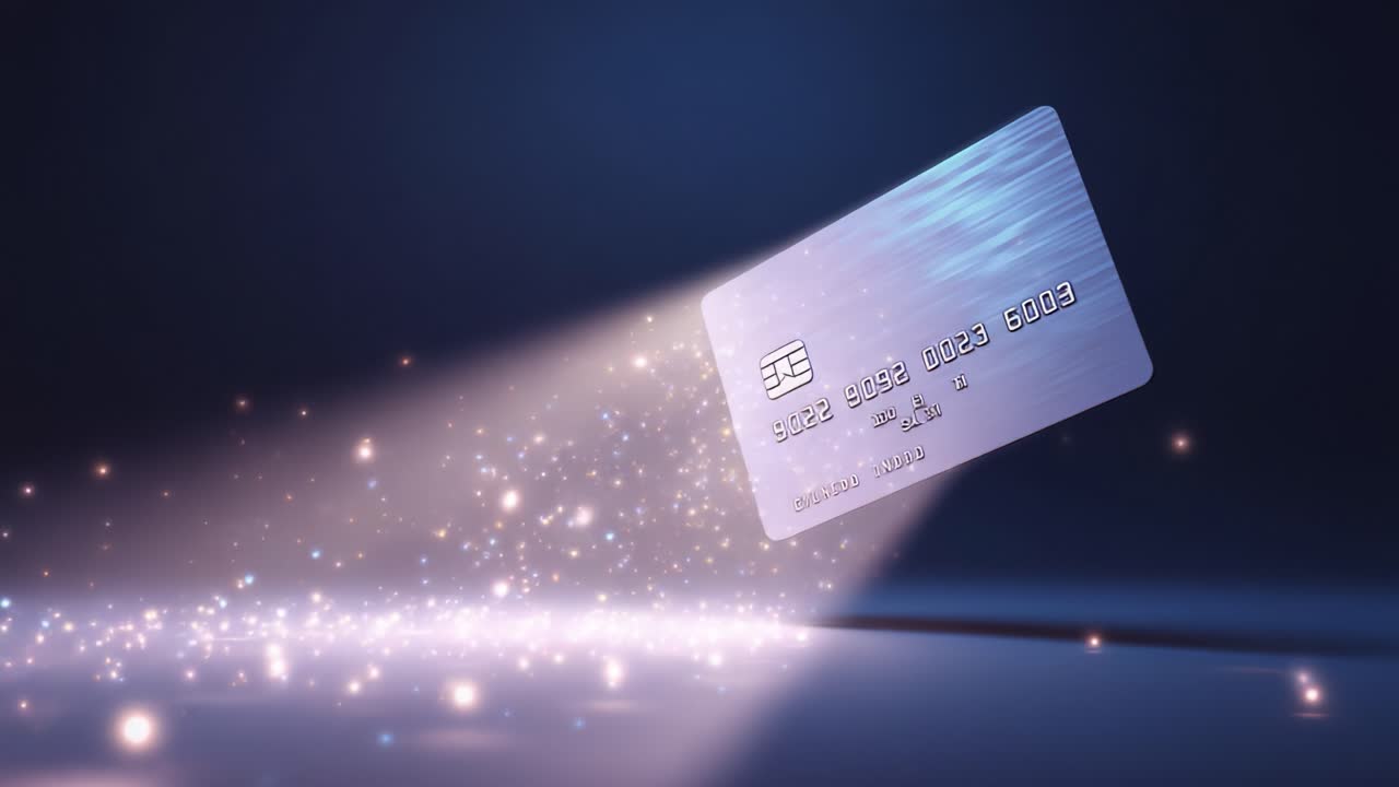 A Stunning Visual of an Animated Credit Card Floating Through a Sparkling Atmosphere, Capturing the Essence of Modern Financial Transactions in a Digital World