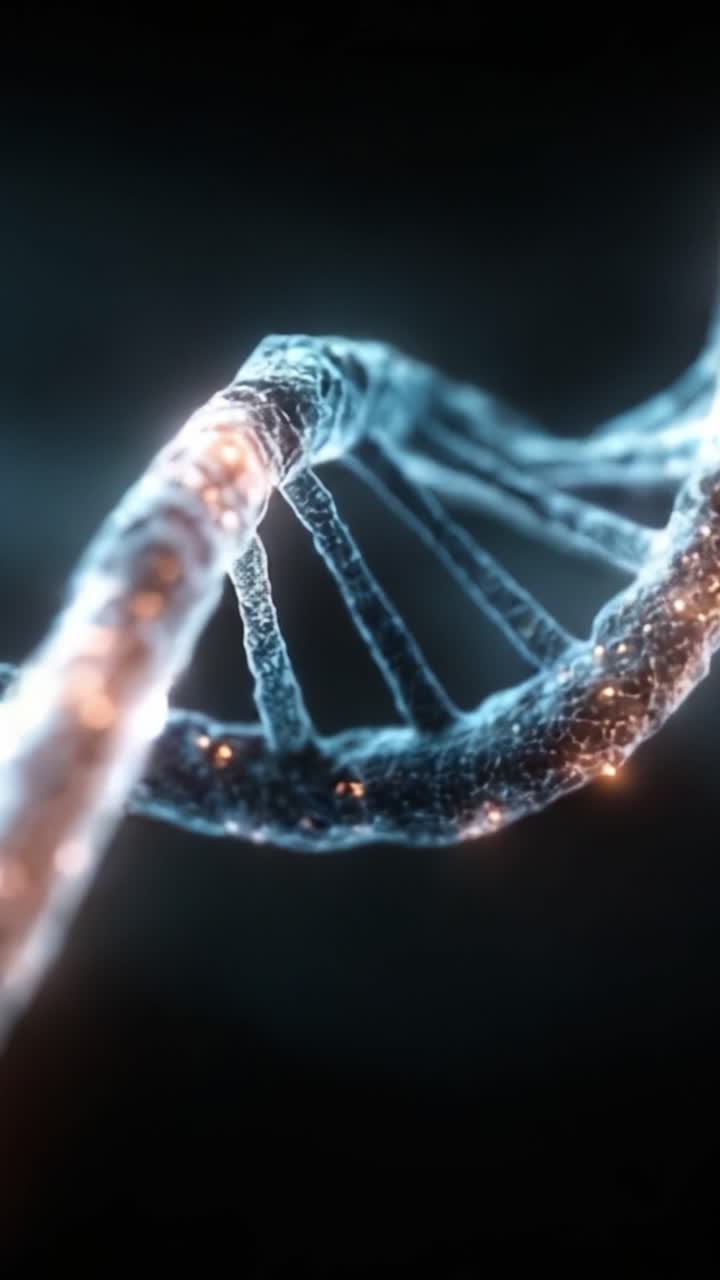 Una straordinaria rappresentazione visiva di una doppia elica di DNA, che evidenzia l'intricata struttura e i filamenti bioluminescenti che definiscono il materiale genetico.