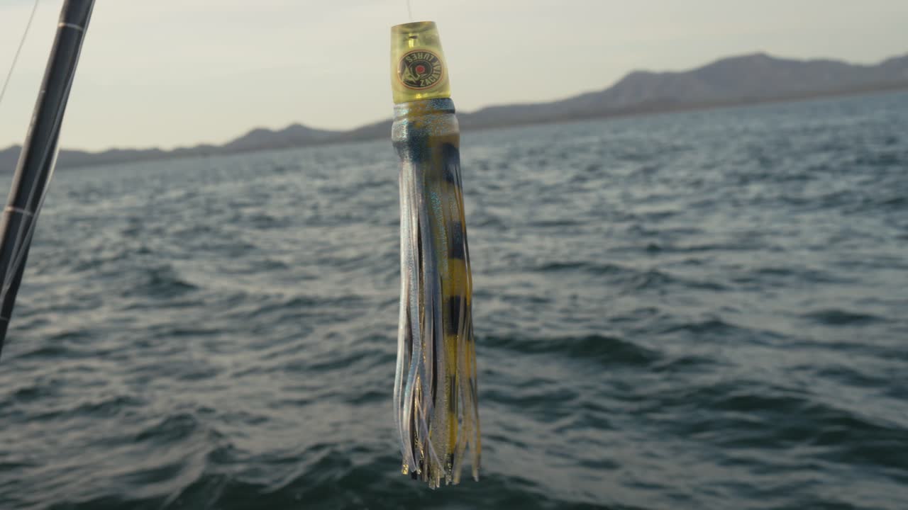 Close-up of colorful bait lure hanging from a fishing rod with the ocean and mountains in the background.