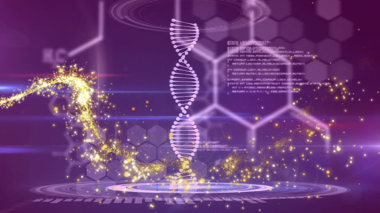 Animation of glowing DNA strand with digital data on purple background