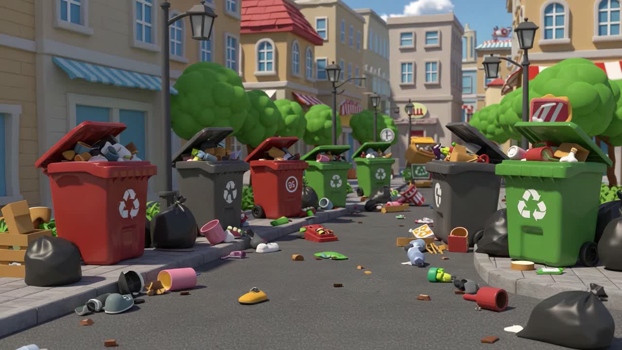 A Lively Urban Scene Depicting Overflowing Trash Bins on a Sunny Day, Showcasing Waste Mismanagement and the Impact on Community Views