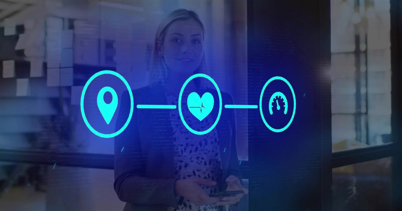 Businesswoman tapping phone and causing floating location pin, heart and speedometer via neon lines