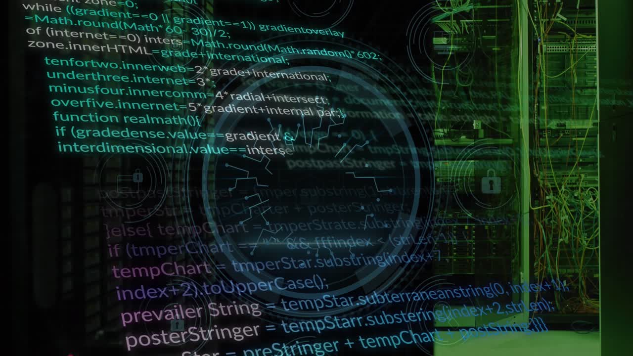 Animation of padlock, cyber security text, computer language over data server systems