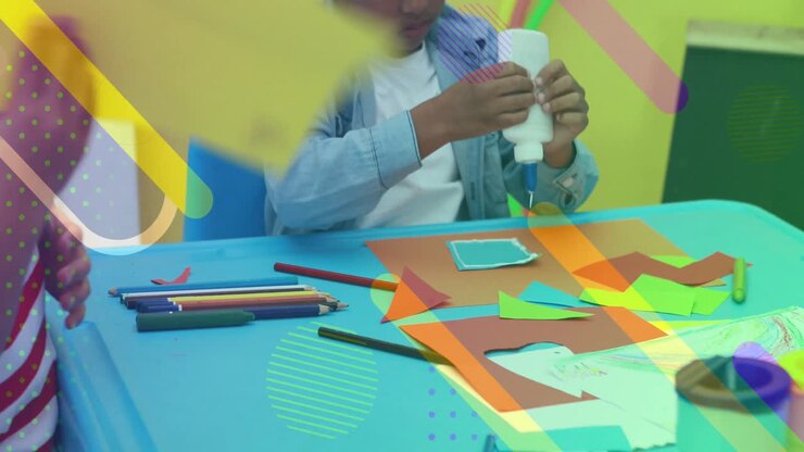 Animation of colorful shapes over diverse schoolchildren at art classes
