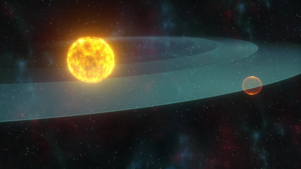 голографическая система частиц, представляющая планету, вращающуюся вокруг звезды