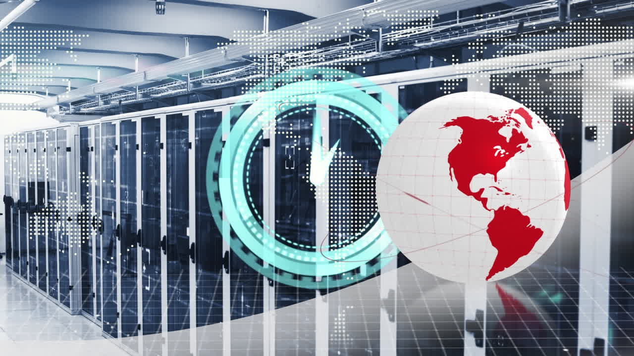 Animation of globe, clock moving fast and data processing over computer servers