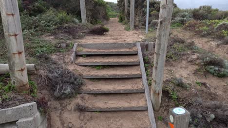 escaleras de madera en un entorno arenoso y arbustivo