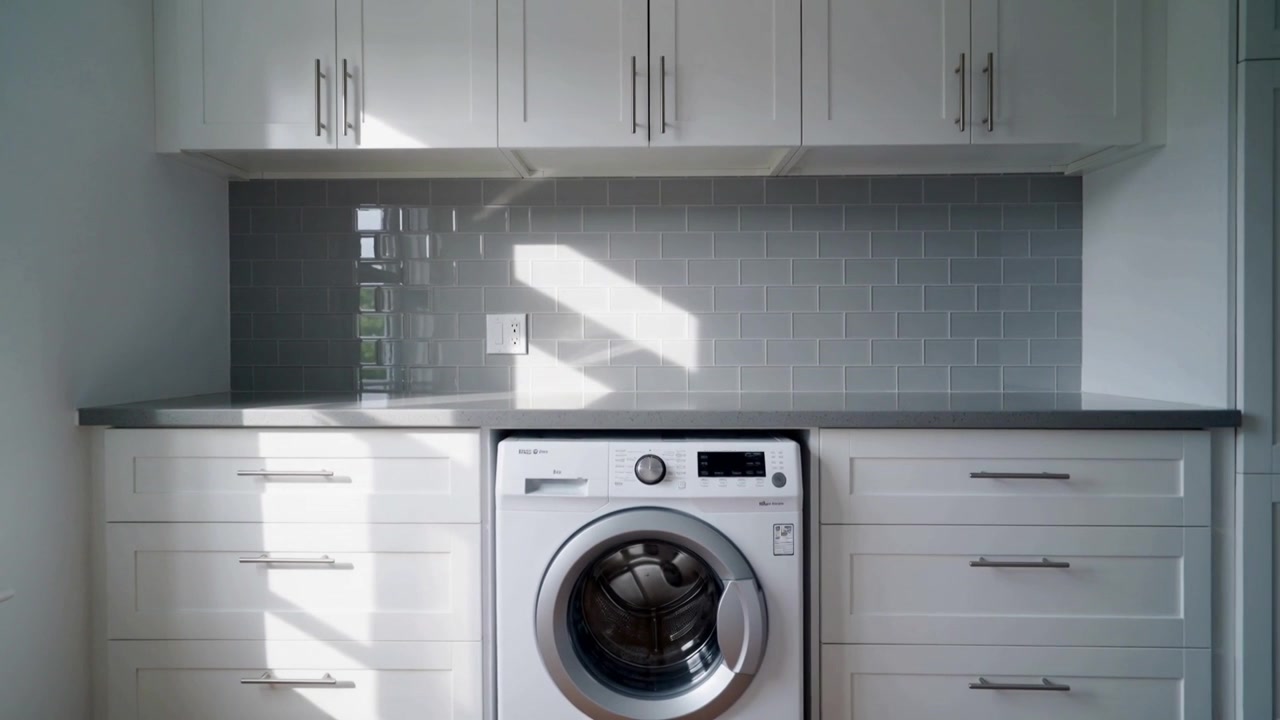 Bewegende zon werpt verschuivend licht langs het linkerraam over de wasruimte thuis, de voorlader wasmachine en op de spatwand.