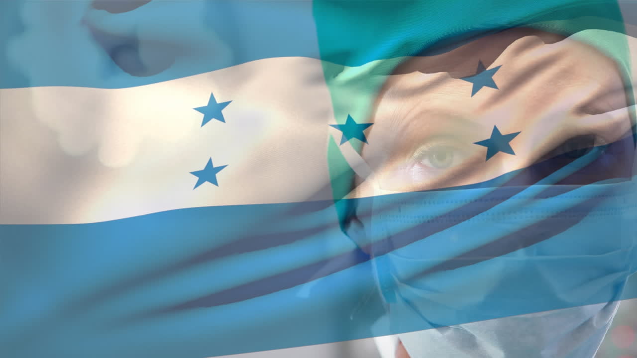 병원에서 백인 여성 외과 의사의 초상화와 맞물려 온두라스  ⁇ 발을 흔드는 애니메이션