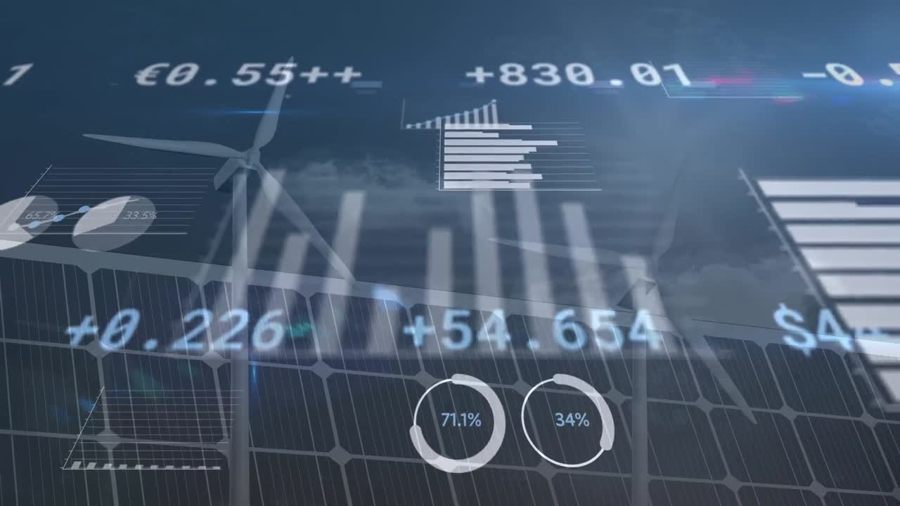 태양 전지 패널과 풍력 터빈에서 데이터 처리의 애니메이션