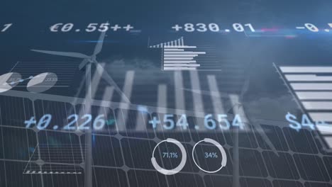 animation der datenverarbeitung über solarpanelen und windturbinen