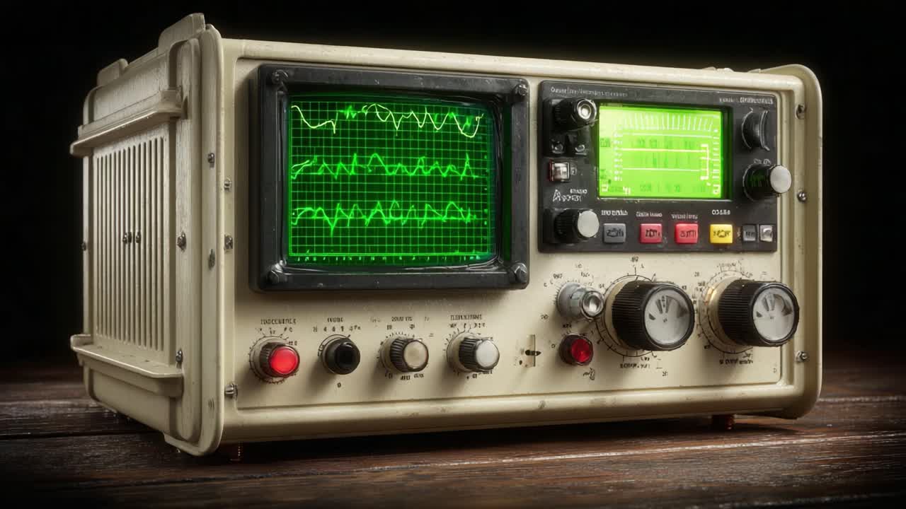 A Close-Up View of a Vintage Oscilloscope Displaying Waveforms with Distinct Graph Patterns and Control Mechanisms, Perfect for Electronic Testing and Signal Analysis