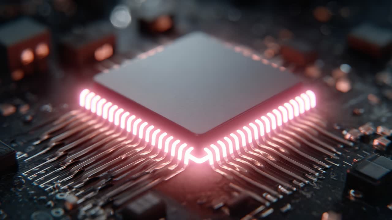 Visual Exploration of a Modern Microchip: Close-Up Views Highlighting the Intricate Design and Illuminated Features of a High-Performance Computer Processor on a Circuit Board
