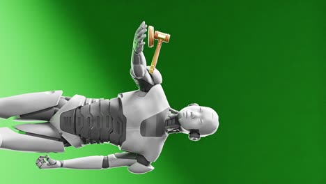 Vertical-Del-Prototipo-De-Robot-Cibernético-Humanoide-Sosteniendo-Un-Martillo-De-Juez-De-Justicia,-Inteligencia-Artificial-En-El-Debate-Judicial-Fondo-Verde