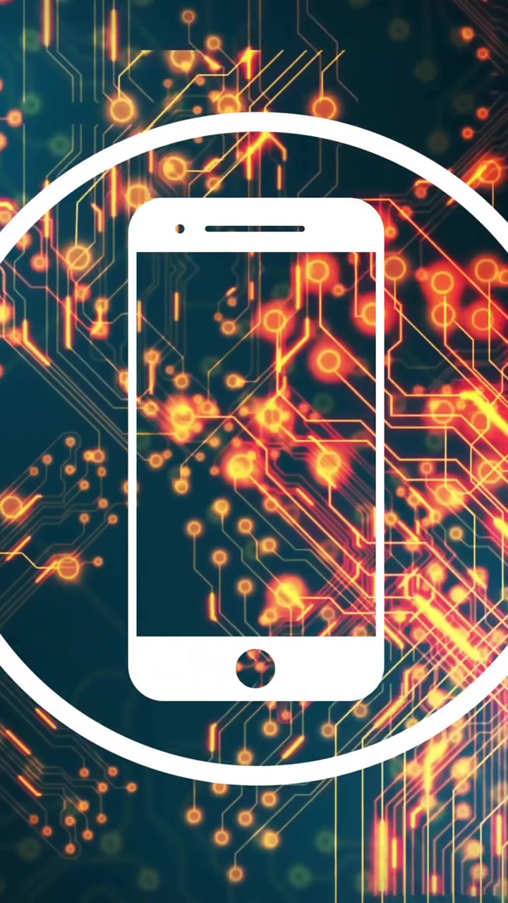 Animation of smartphone icon and data processing over circuit board on black background