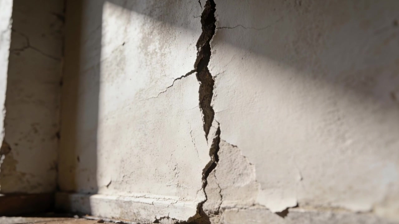 Telecamera in movimento che mostra una crepa nell'intonaco dall'angolo della stanza verso il centro, rivelando detriti di finiture e luce solare.