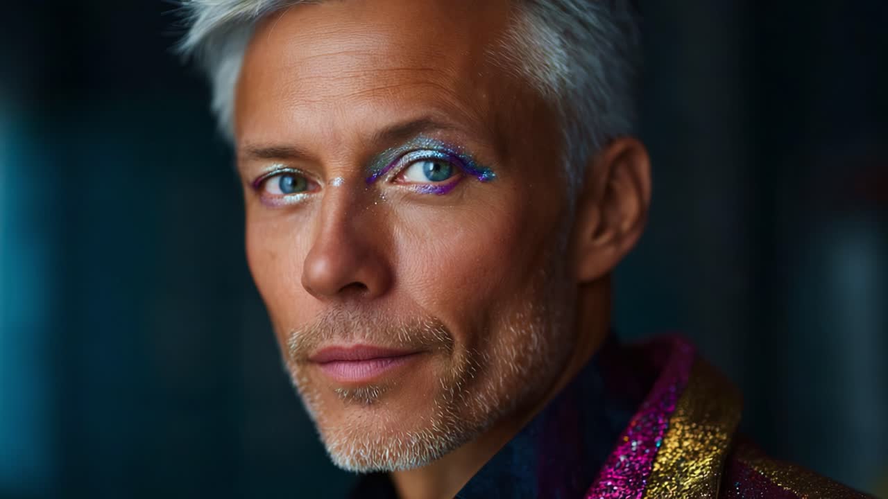 Accattivante ritratto ravvicinato di un uomo maturo con capelli argentei e trucco occhi colorato con accenti scintillanti in un ambiente artistico e suggestivo