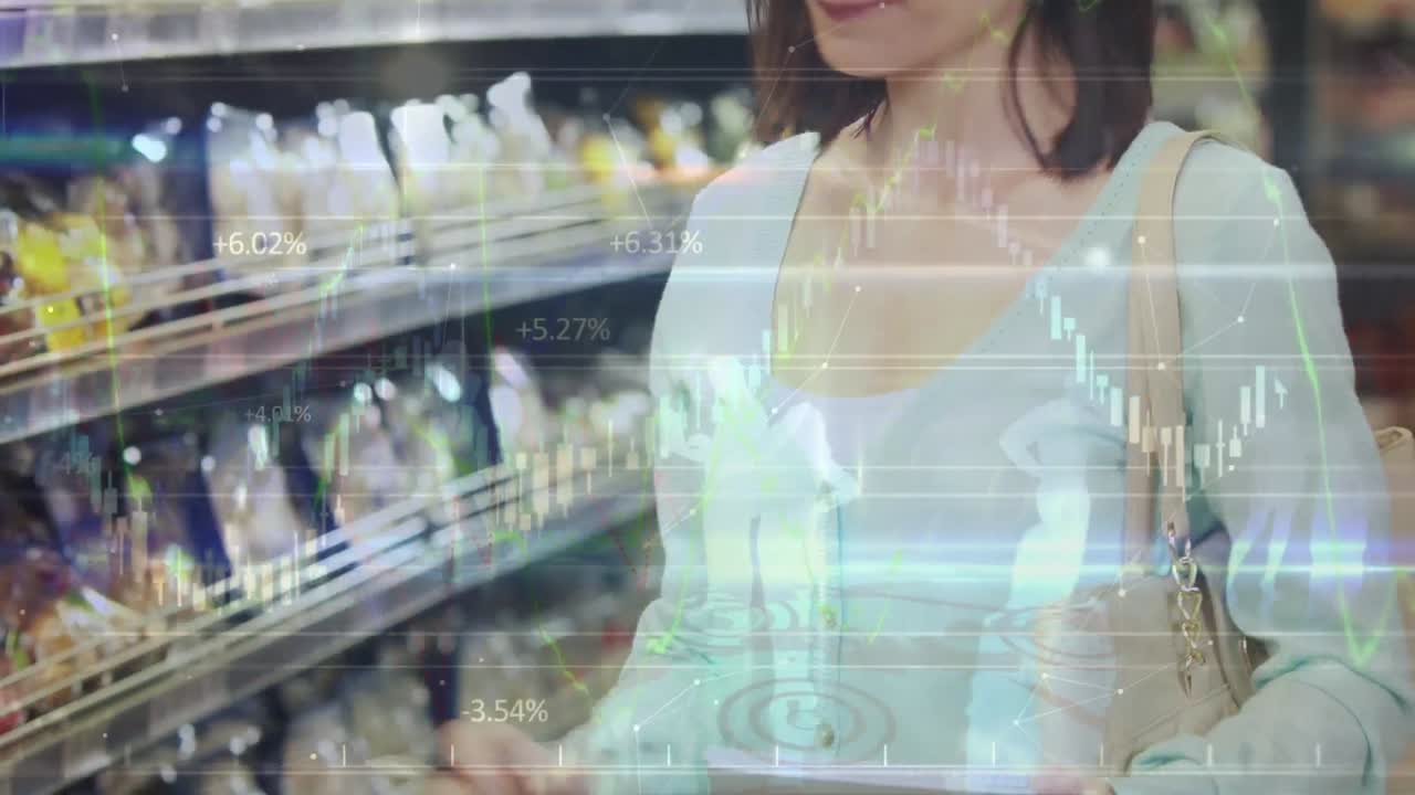 시장에서 쇼핑하는 행복한 백인 여성에 대한 금융 데이터의 애니메이션