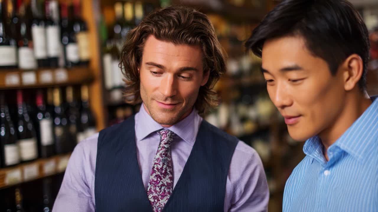 Two men engaging in a focused and friendly conversation while examining selections of wine bottles in a well-stocked wine store, showcasing their interest in wine and social interaction