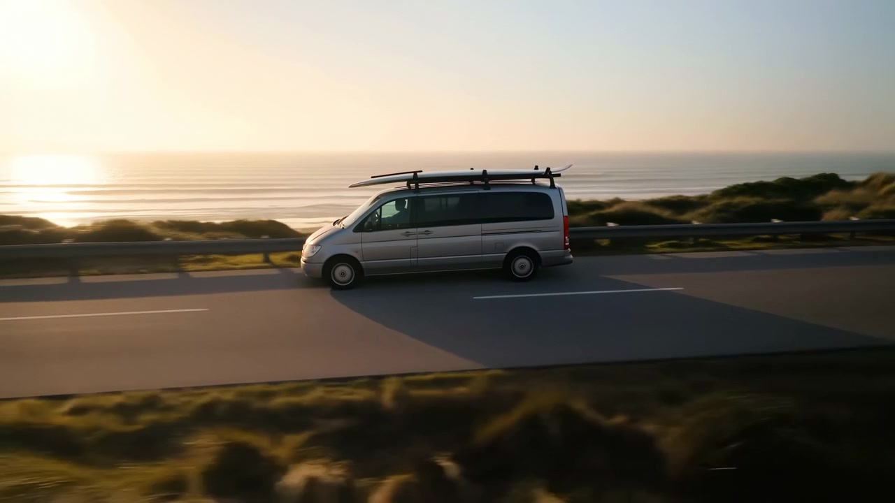 Una vista laterale segue un furgone argentato che viaggia su una strada costiera asfaltata, con due tavole da surf appoggiate sul portapacchi, l'orizzonte dell'oceano, dune sabbiose, un guardrail e la luce dorata della sera.