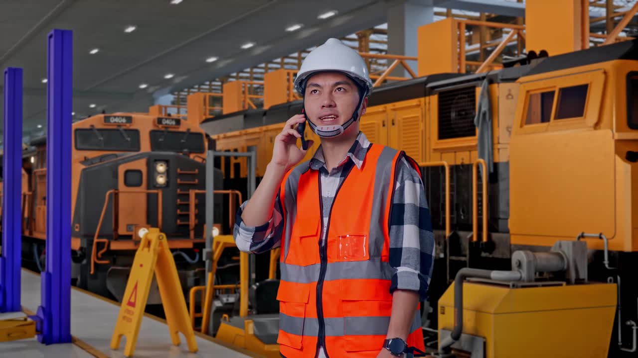 Vista lateral de un ingeniero asiático con casco de seguridad hablando por teléfono mientras está de pie; ingenieros de mantenimiento de trenes en una estación.