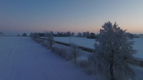 aerial establishing shot of a rural landscape, countryside road, agricultural fields and trees covered with snow, cold freezing weather, golden hour light glow, wide drone shot moving forward