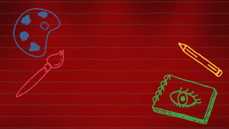 animación de iconos escolares con espacio de copia sobre fondo rojo