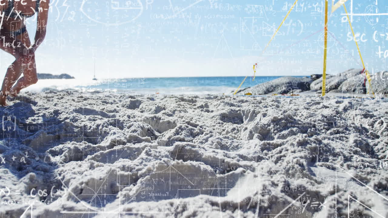 female student kneeling on sand, exploring education with floating math formulas beside sailboat