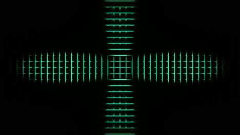Pulsating green waves forming cross as moving up, 3d cgi rendered graphic animation