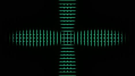 pulsating green waves forming cross as moving up, 3d cgi rendered graphic animation