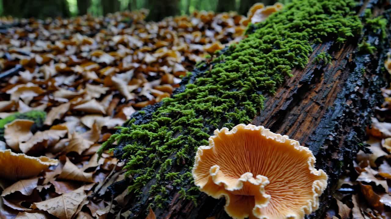 Close-up video of vibrant mushrooms and moss on a fallen log, shot from a low angle