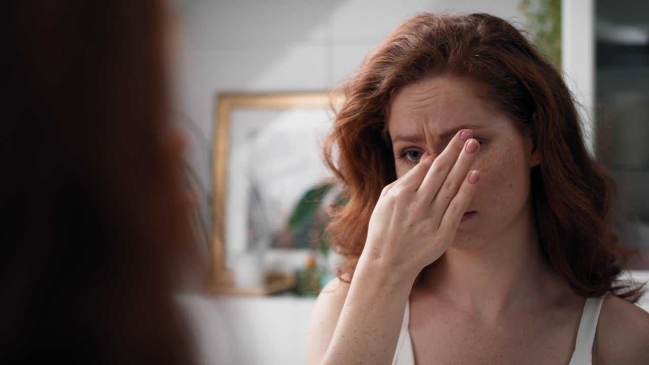 mujer caucásica con un gran dolor de cabeza de pie en el baño.