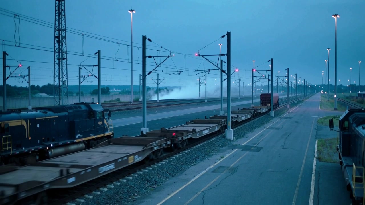 Entering dark diesel loco pulling flatbeds and red container, moving freight under catenary wires