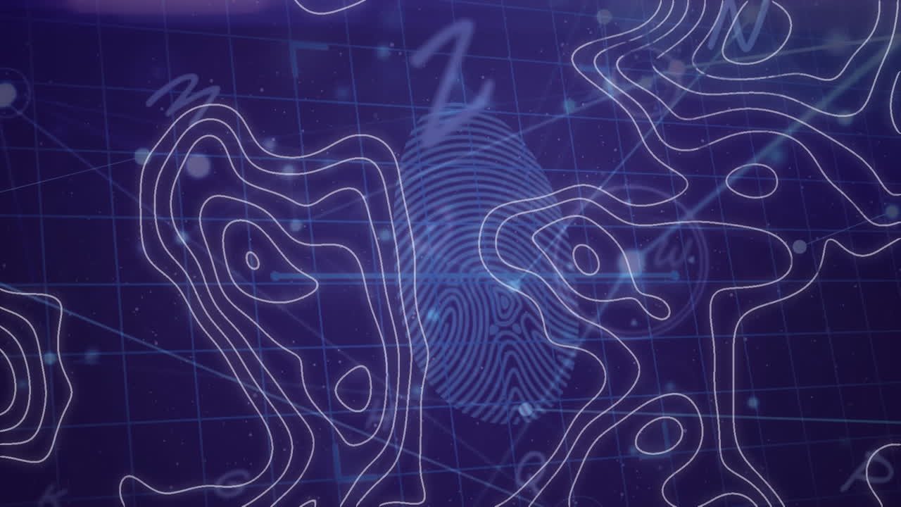 Animation of moving white lines over finger print on blue background