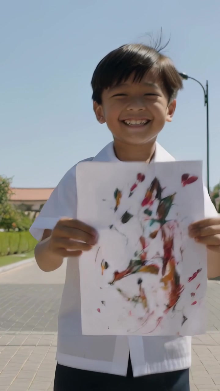 Video vertikal: Anak Asia berlari mengenakan kaus polo putih, membawa kertas bergambar, berbalik dan menunjukkan karya seni.
