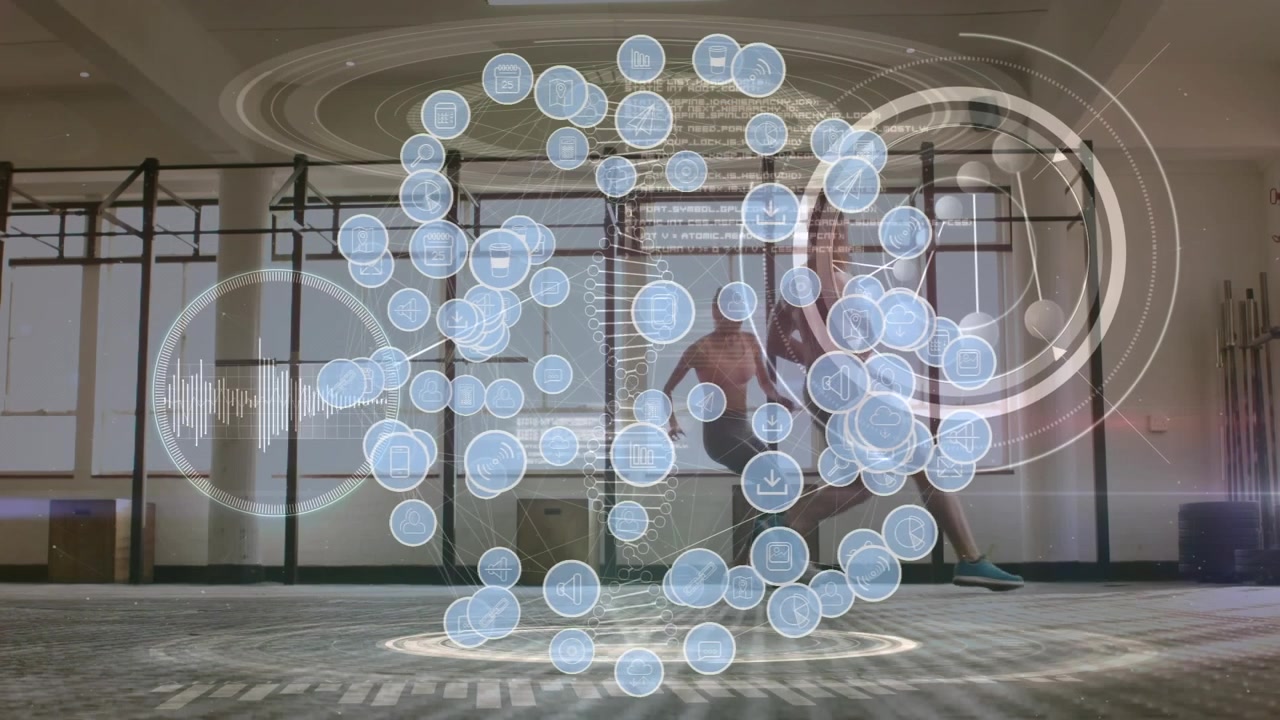 Animation of network of connections over caucasian sports people running and data processing