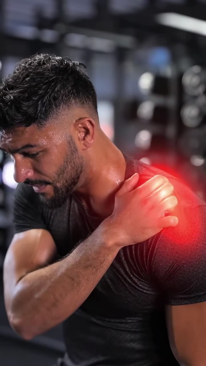 Inquadratura video ravvicinata di un uomo in palestra, che evidenzia il dolore alla spalla con un effetto bagliore rosso