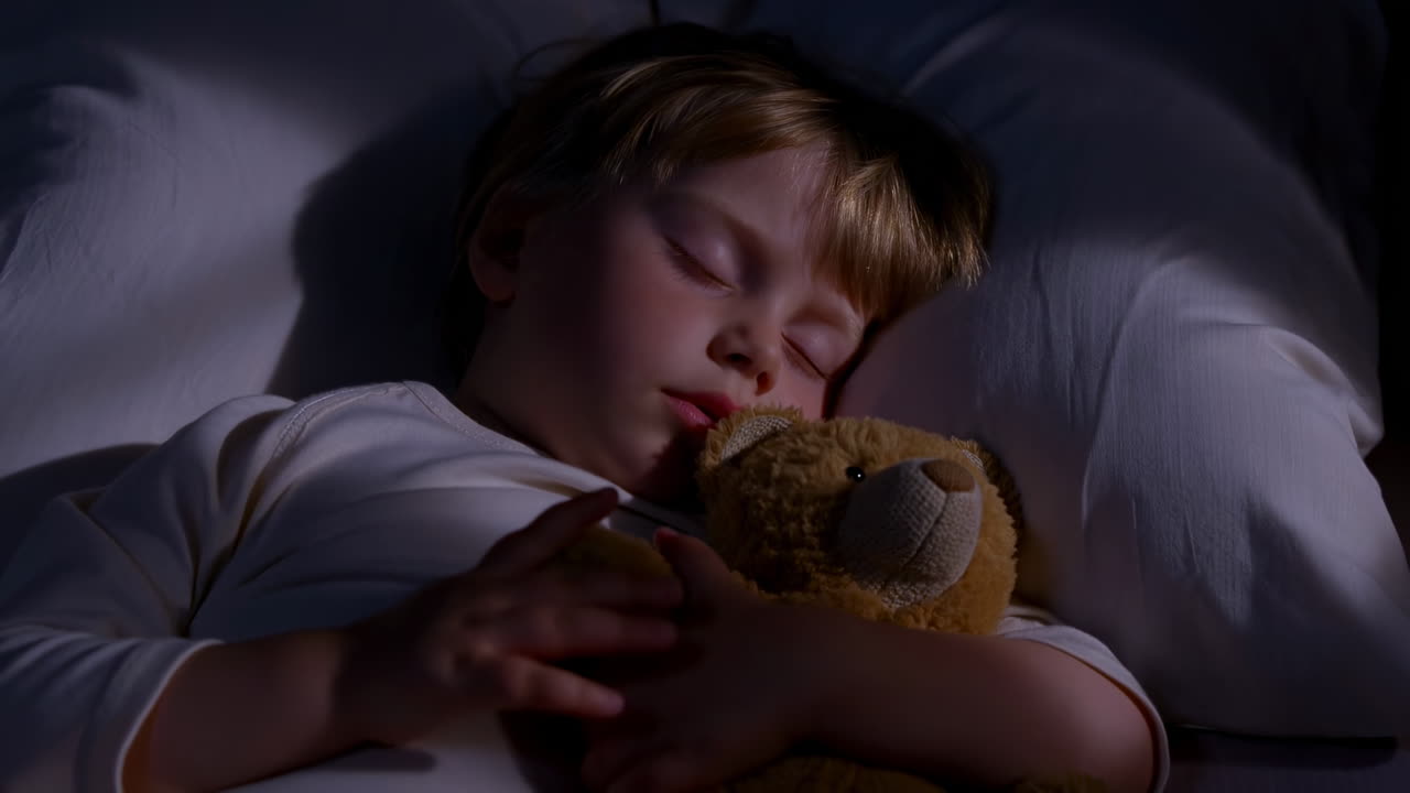 White Boy Sleeping With Teddy, Soft Moonlight Casting Gentle Shadows Across Pillow, Peaceful Face, Cozy