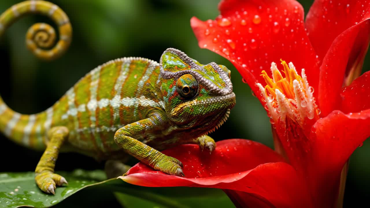 Chameleon on a Red Flower